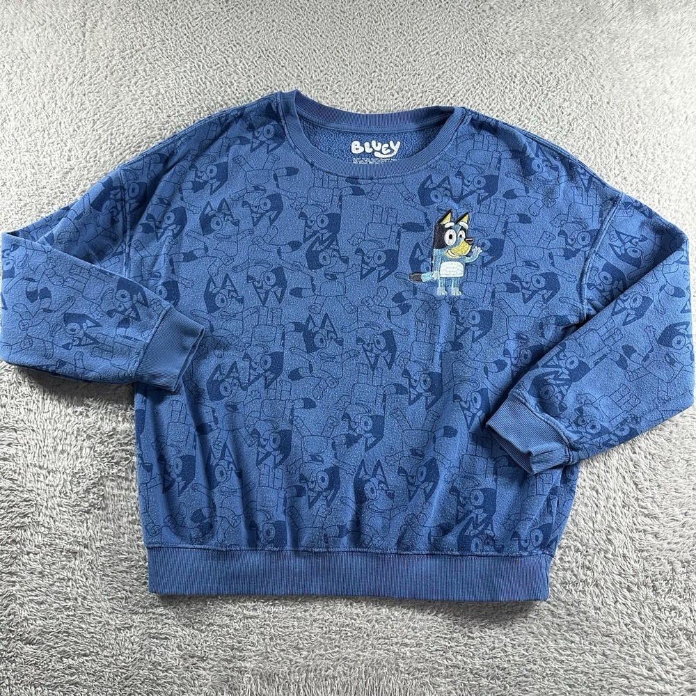 Bluey Crewneck Sweater Womens Medium Embroidered Blue‎ AOP Pattern